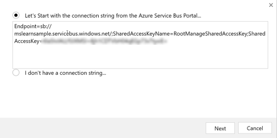 Screenshot of the primary connection string value